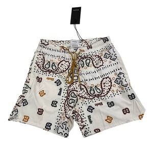 Rhude Mens Paisley Logo Swim Shorts White SS22 Drawstring Trunks Size M NEW